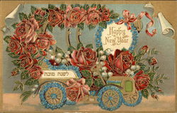 Happy New Year Car with Red Roses Postcard