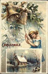 A Merry Christmas - Young Girl in Blue Ringing Bells Postcard