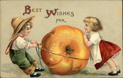 Children with a Large Pumpkin on Thanksgiving Postcard