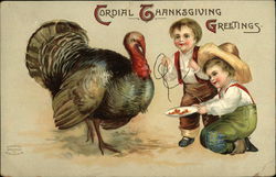 Cordial Thanksgiving Greetings with Two Boys and a Turkey Turkeys Postcard Postcard Postcard