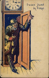 Man Walking Out of Grandfather Clock Clocks & Watches Postcard Postcard Postcard