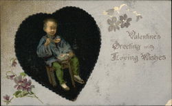 Valentines Greeting with Boy Leaning in Chair while Eating Postcard