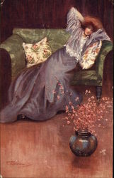 Woman in Purple Gown Reclined on Green Sofa, Mary Morsfall Postcard