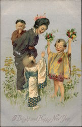 Asian Family in Field with Flowers Postcard