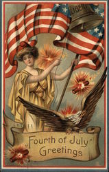 Lady Lliberty with Eagle, Flag, Bell and Fireworks 4th of July Postcard Postcard Postcard