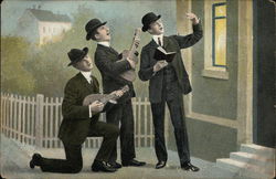 Three Men Singing Under Window Postcard