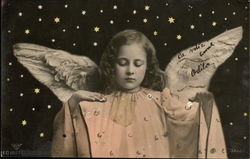 Girl Dressed As Angel Against Starlit Dark Background Religious Postcard Postcard Postcard