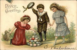 Easter Greeting with Young Girls and Boy Stacking Eggs With Children Postcard Postcard Postcard