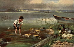 Boy Watching Ducklings Children Postcard Postcard Postcard