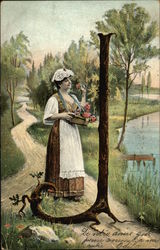 Letter J - Woman with Basket of Flowers by Lake and a Tree Stump Postcard