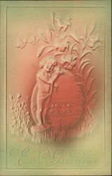 Embossed Easter Greeting with Child, Egg, and Flower Postcard