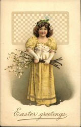 Easter Greetings with Girl in Yellow holding two Kittens Postcard