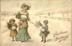 Christmas Greetings - Woman and Two Children Postcard Postcard Postcard