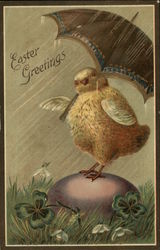 Easter Greetings Chick with Umbrella in the Rain With Chicks Postcard Postcard Postcard