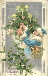 Blue Santa Hanging Ornament on a Tree Santa Claus Postcard Postcard Postcard