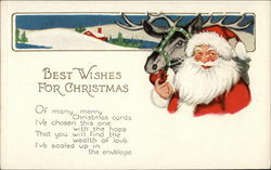 Best Wishes For Christmas - Santa Feeding an Apple to a Reindeer Santa Claus Postcard Postcard Postcard