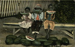 A Water Melon Feast with Three Children on a Bench Postcard