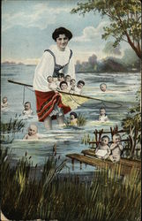 Woman in Water Surrounded by Babies Postcard