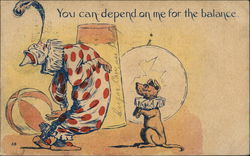 A clown balancing a feather on his nose and a small dog Postcard