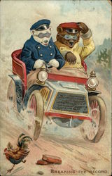 Illustration of Two Bears in a Car with a Rooster on the Road Postcard