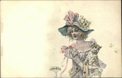 Illustration of Woman in a Hat with a Cat Women Postcard Postcard Postcard