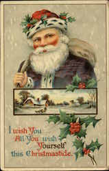 Santa Claus, Winter Scene, Holly Postcard Postcard Postcard