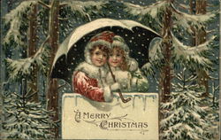 Children in the Snow with Merry Christmas Greeting Postcard Postcard Postcard