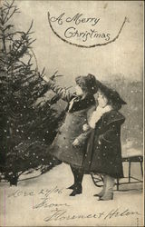 Two Children in Snowfall Picking out Tree Postcard Postcard Postcard