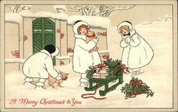 A Merry Christmas to You - With Girls, Piglets, and Sled in the snow Postcard