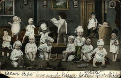 Many Children in White Pajama Gowns on Chamber Pots and Playing Postcard