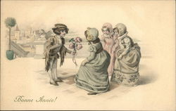 Bonne Année! - Boy Presenting Flowers to Three Girls Postcard