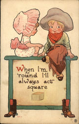 Illustration of Children with a Cowboy and Girl in a Bonnet Postcard Postcard Postcard