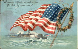 American Flag over Water, Wreath Memorial Day Postcard Postcard Postcard