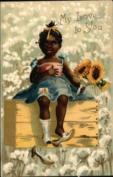 My Love to You with Black Child sitting on Crate holding Sunflowers Black Americana Postcard Postcard Postcard