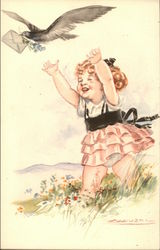 Small Girl Chasing Bird Holding Floweras and an Envelope Postcard