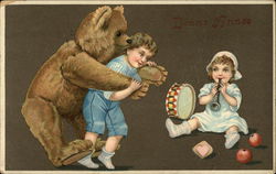 Bonne Annee - Boy Carrying Stuffed Bear on Back and Girl Blowing Horn Teddy Bears Postcard Postcard Postcard