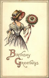 Woman in a Hat with a Bouquet Birthday Greetings Postcard