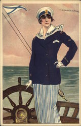 Lady in sailor suit on a boat Postcard