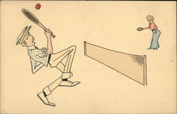 Cartoon Couple Playing Tennis Postcard Postcard Postcard