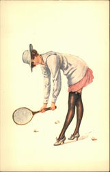 Woman in Garters Playing Tennis Postcard Postcard Postcard