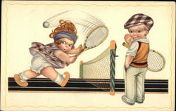 Illustration, Two Children Playing Tennis Postcard