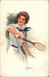 Woman in White Dress and Blue Tie Playing Tennis Postcard