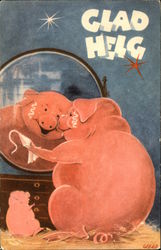 Pig Looking in the Mirror with Piglet Watching Pigs Postcard Postcard Postcard