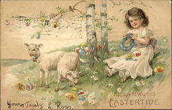 Girl with Lambs, Easter Eggs Postcard