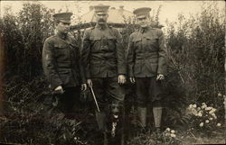 Three Soldiers In aTheir Service Uniforms With A Dog Postcard