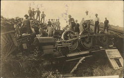 Men Posing Atop An Overturned Locomotive After A Wreck Trains, Railroad Postcard Postcard Postcard