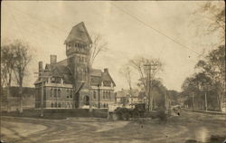 Horse and Buggy Parked in Front of Building with Tall Bell Tower Postcard