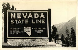 Nevada State Line - A Debt Free State Welcomes You Postcard