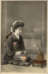 Japanese Woman Tending to A Bonzai Asian Postcard Postcard