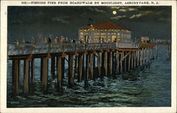 Fishing Pier from Boardwalk by Moonlight Asbury Park, NJ Postcard Postcard Postcard